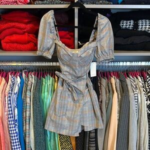 Tobi gray/orange plaid padded bust puff sleeve belted dress size S NWT